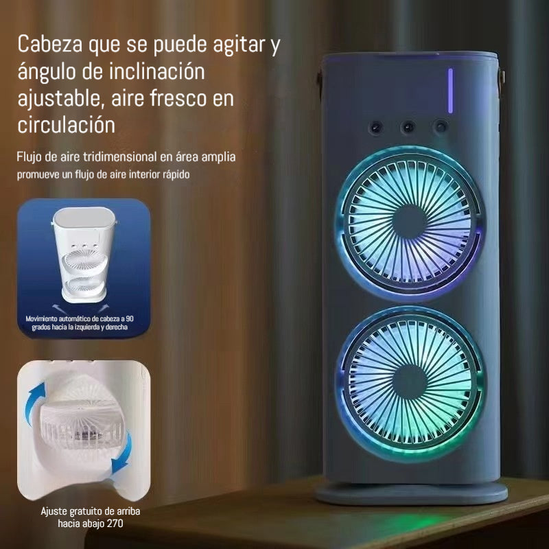 🌬️💦🔥Miniventilador recargable de doble cabezal y tres orificios con control remoto para refrigeración y nebulización.