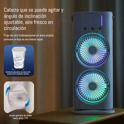 🌬️💦🔥Miniventilador recargable de doble cabezal y tres orificios con control remoto para refrigeración y nebulización.