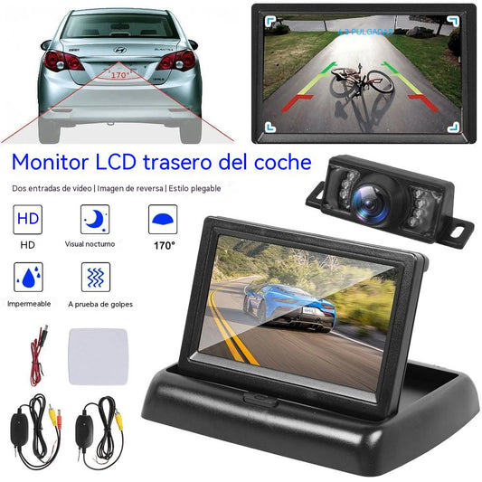 【Kit completo】Pantalla plegable de 4,3 pulgadas para cámara de marcha atrás para coche — [Pantalla para cámara de marcha atrás + Cámara + Cable de conexión]