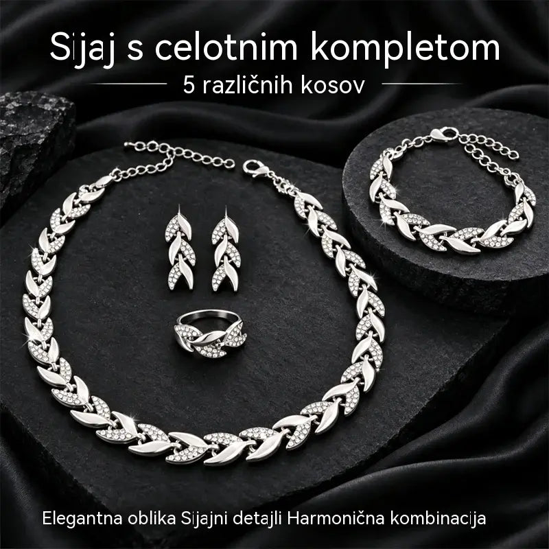 ✨💎 4-delni komplet ženskega nakita | Ogrlica, zapestnica, prstan in uhani z motivom lista in kubičnimi cirkoni