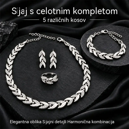 ✨💎 4-delni komplet ženskega nakita | Ogrlica, zapestnica, prstan in uhani z motivom lista in kubičnimi cirkoni