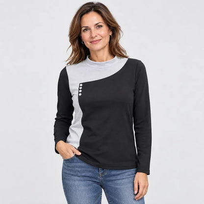 ✨【S–3XL / 6 barev】Top s kombinací barev, stojáčkem a ozdobnými knoflíky (lehký hřejivý fleece)