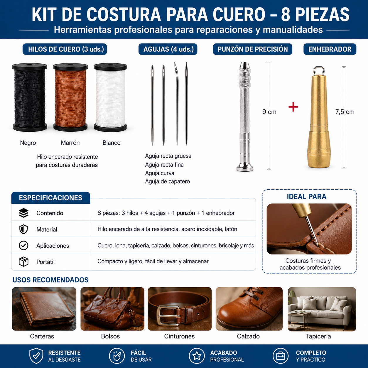 👞 Set de Agujas de Costura Intercambiables 4 en 1 – Kit Profesional para Reparación de Zapatos y Manualidades en Cuero 🛠️✨ Incluye 3 carretes de hilo de nailon de 50 m