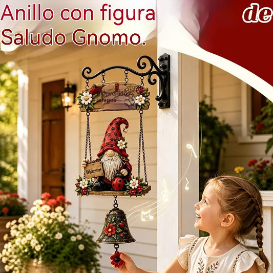 Campana de bienvenida con gnomo de jardín, placa de "Bienvenido", campana de bronce retro, soporte de pared de hierro, decoración para patio y jardín.