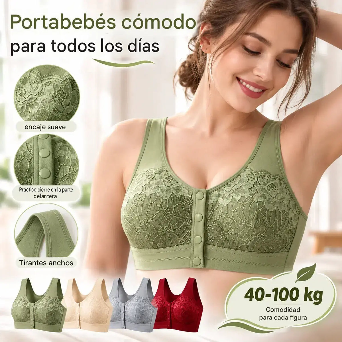 【Set de 3 piezas】【40-100 kg】Sujetador de encaje sin aros para mujer, cómodo cierre frontal