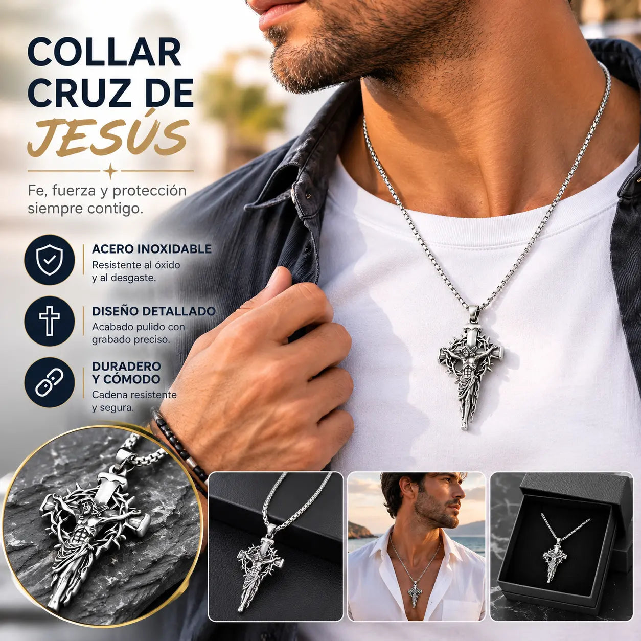 🔥Collar con colgante de cruz y halo de espinas