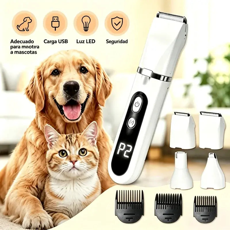 Cortapelos para Mascotas 4 en 1 con Lima de Uñas | Recortadora USB Recargable para Perros y Gatos | Cuchillas Intercambiables para Pelo, Patas, Cara y Uñas