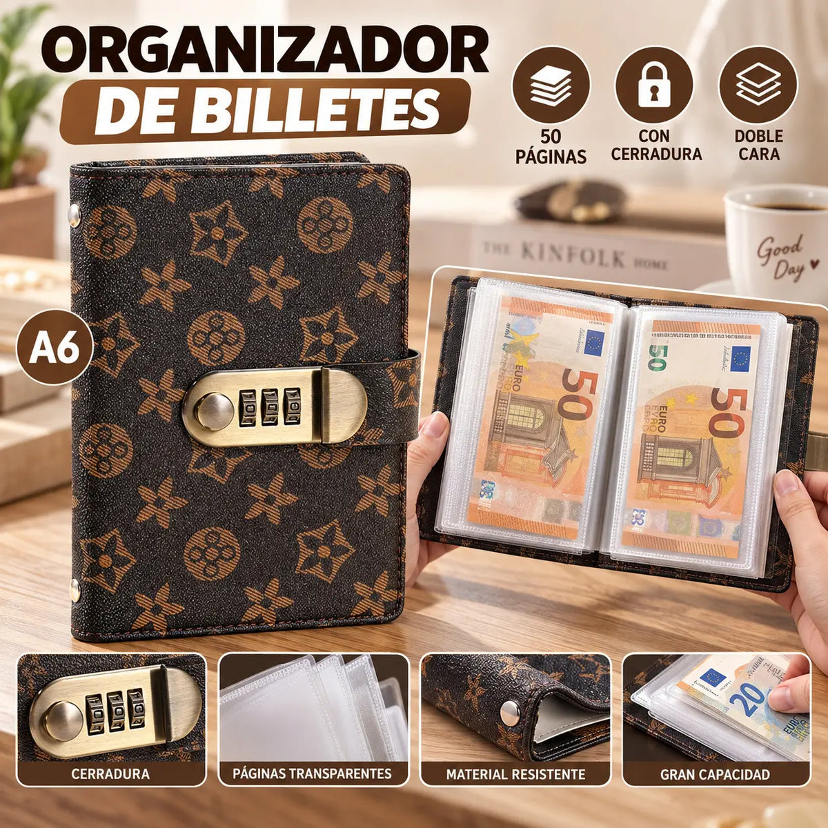 Organizador seguro con cerradura: libro para ahorrar dinero con 50 bolsillos internos para billetes y recibos.