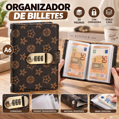 Organizador seguro con cerradura: libro para ahorrar dinero con 50 bolsillos internos para billetes y recibos.