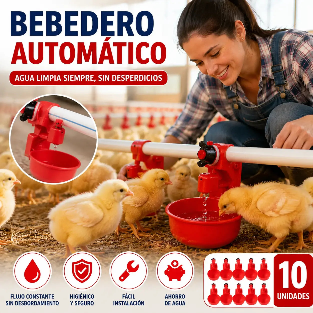 【10 piezas】Bebedero automático de gran capacidad para pollos, a prueba de fugas y desbordamientos, fácil de instalar, que proporciona agua potable limpia.