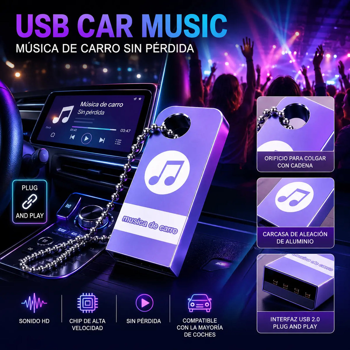 🚗🎵🎵【 32G】 【Unidad flash USB de música】contiene 3000 canciones, 200 MV y efectos de sonido 6D