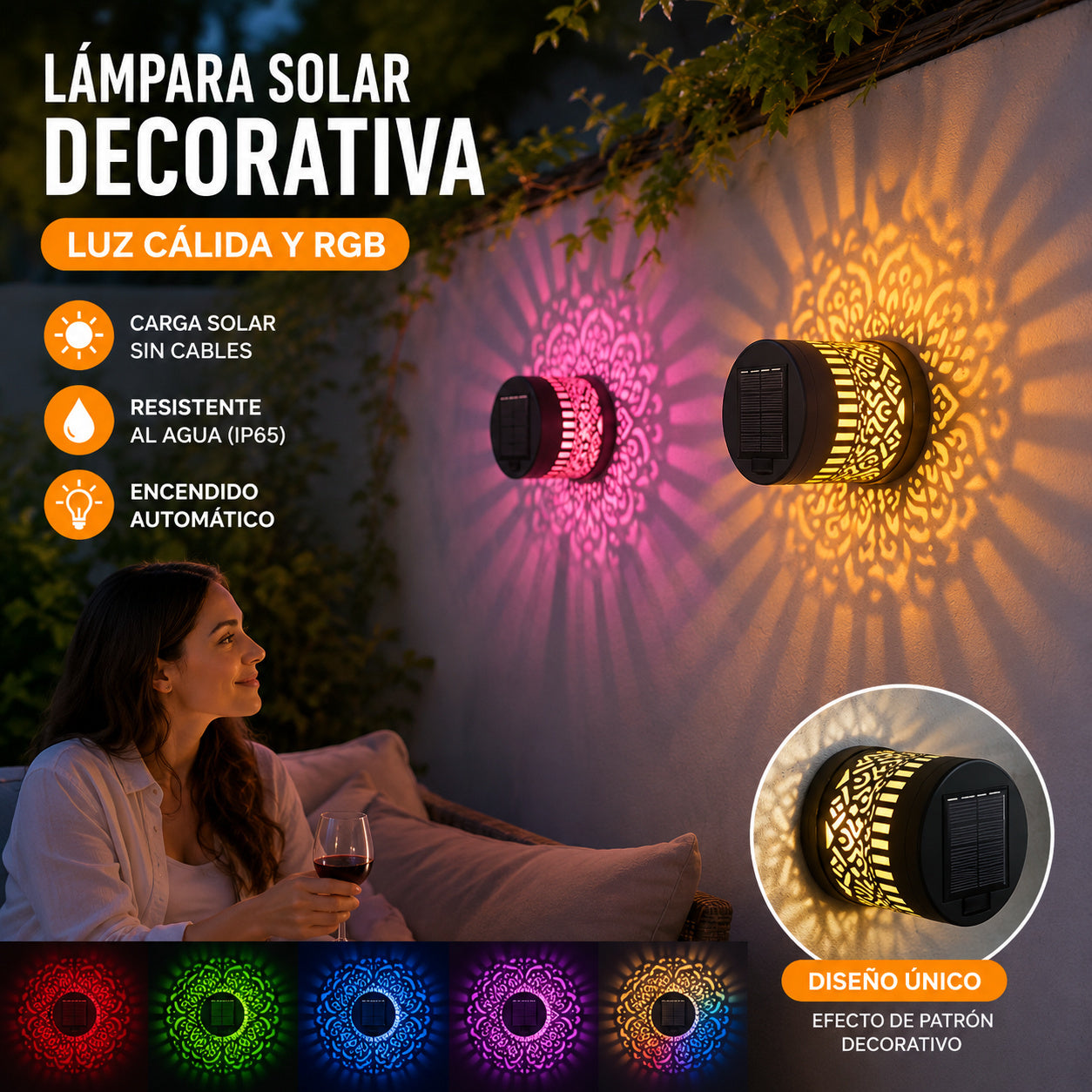 Lámpara de pared solar para patio con diseño de mandala, resistente al agua y con diseño calado.