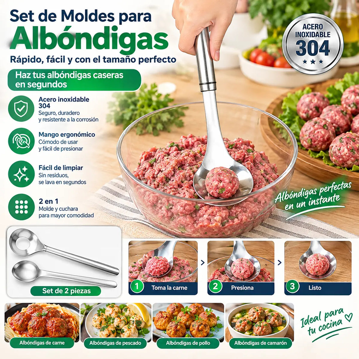 🍖 【2 piezas】Molde para albóndigas de acero inoxidable 304 – ideal para hacer albóndigas de carne y de pescado, perfecto para cocinar en casa 🥄