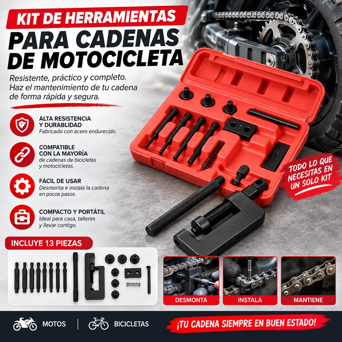 🧰 Kit de herramientas especializado para romper cadenas. Para desmontar cadenas de motosierras, motocicletas y bicicletas.