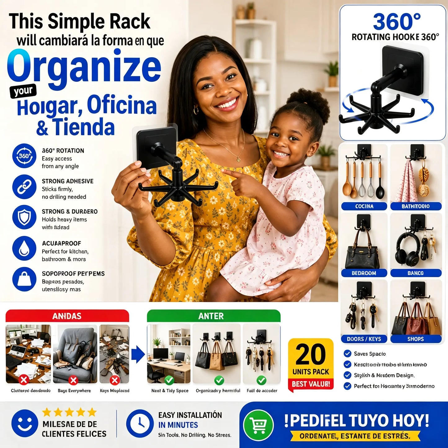 🔥【5 negras + 5 blancas】10 por solo 26 euros🏢🚪Estante de almacenamiento de pared con gancho giratorio para cocina (no requiere taladrar)