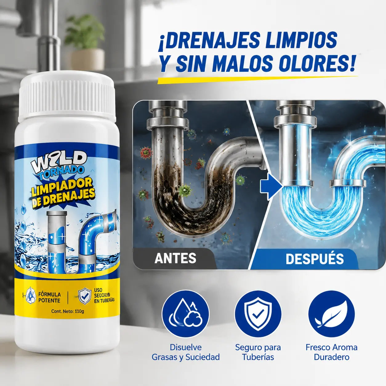 【2 botellas】Limpiador de fregaderos y desagües: espuma de alta densidad a partir de extractos y enzimas en descomposición.