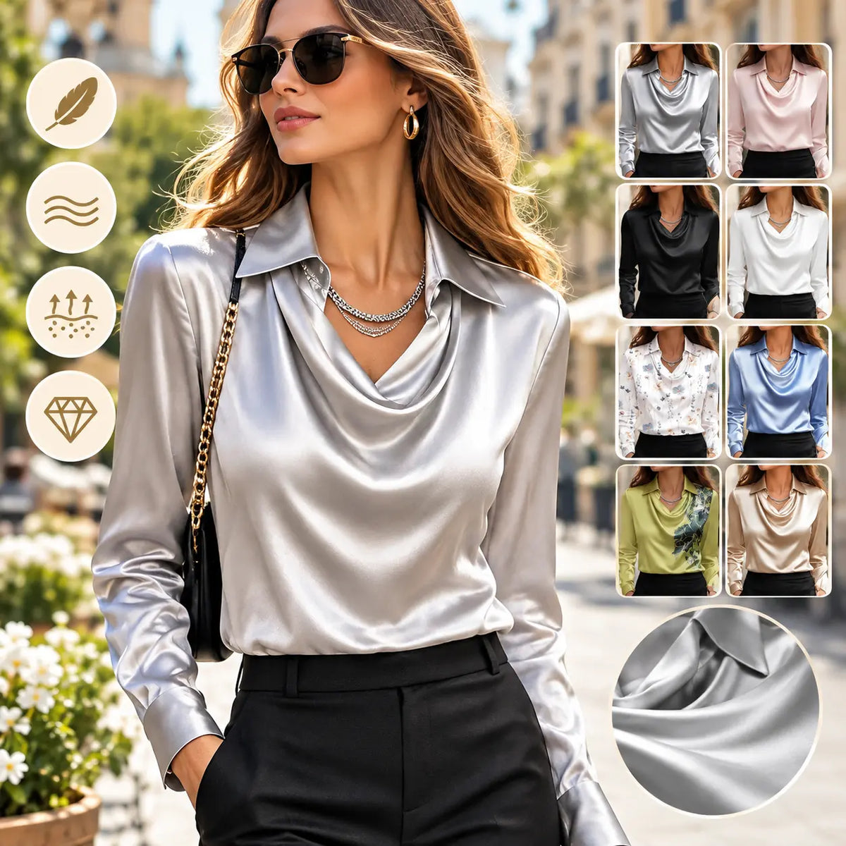 【S-3XL】【40-100 kg】Nueva camisa de satén suave y lisa para mujer, a la moda, con un exclusivo diseño floral y una elegante caída que estiliza la figura.