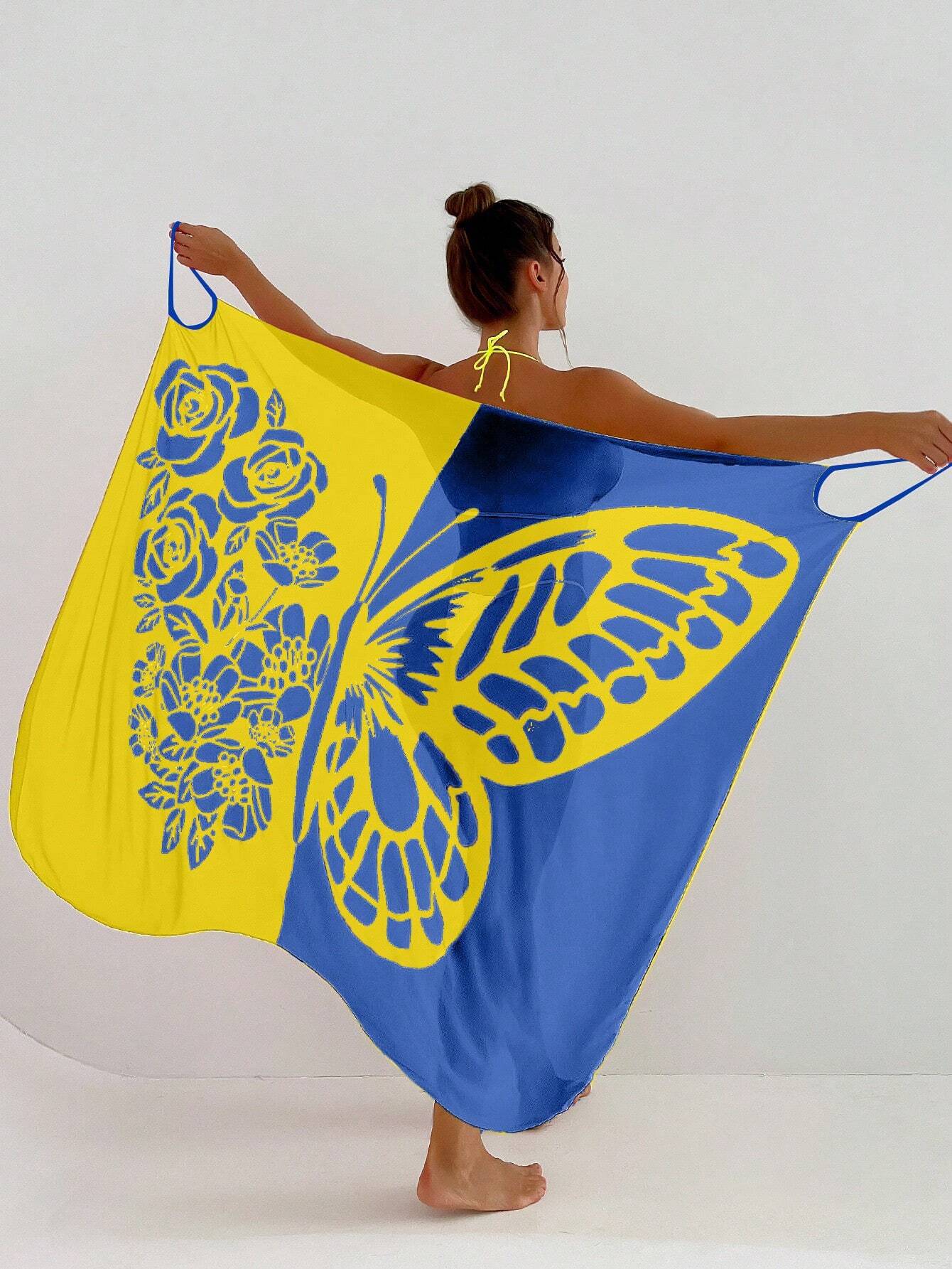 🦋🦋Vestido tipo chal con protector solar de playa de malla con estampado de mariposas