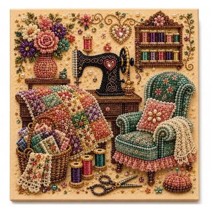 💎🎨 3D diamantová mozaika „Creative Escape“ – 1 sada, 20 x 20 cm, izbová scéna, relaxačná ručná práca.