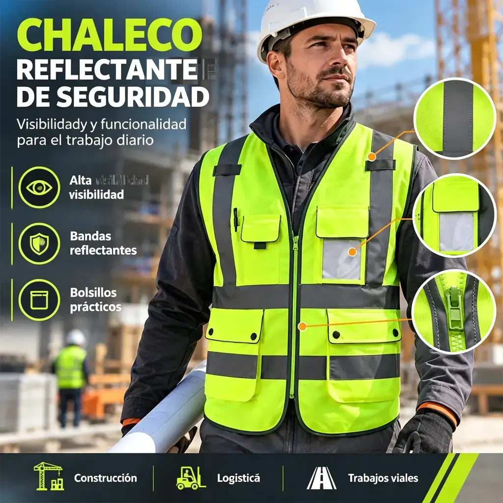 🦺 Chaleco Reflectante de Alta Visibilidad con Bolsillos | Chaleco de Trabajo para Construcción, Carretera y Seguridad Vial