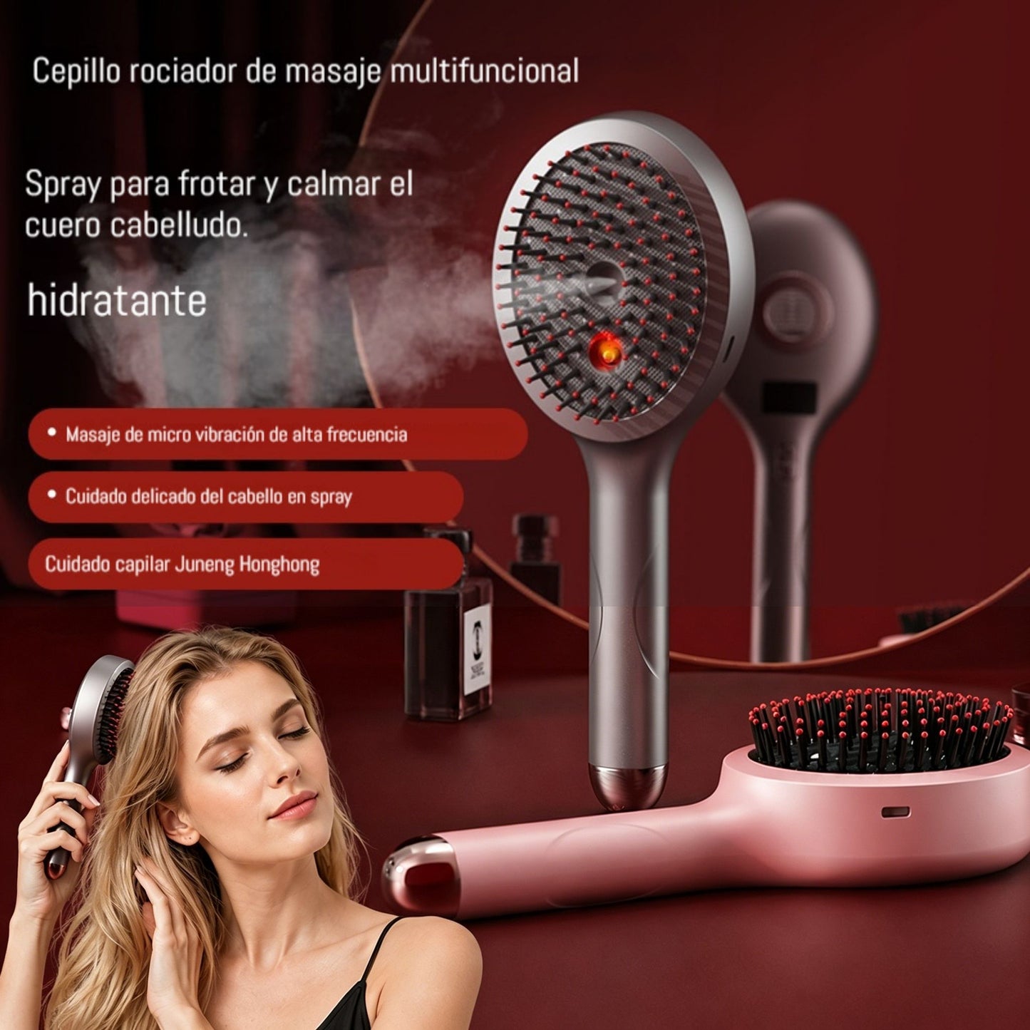 💆‍♀️Peine de masaje con spray que relaja el cuero cabelludo, peine de masaje para peinar y cuidar el cabello en casa con masaje vibratorio.