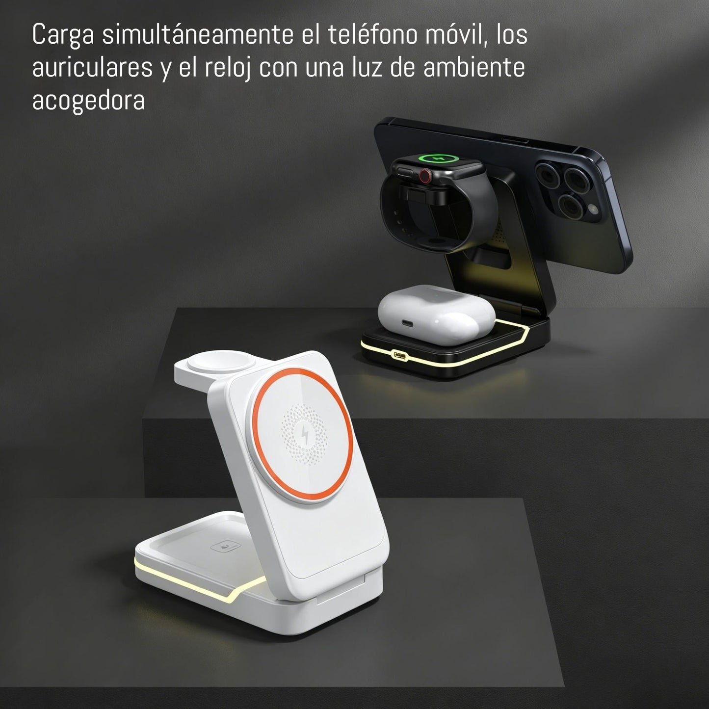 ⚡🧲 Nuevo cargador inalámbrico magnético 3 en 1 compatible con dispositivos Apple e incorpora iluminación ambiental.