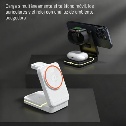 ⚡🧲 Nuevo cargador inalámbrico magnético 3 en 1 compatible con dispositivos Apple e incorpora iluminación ambiental.