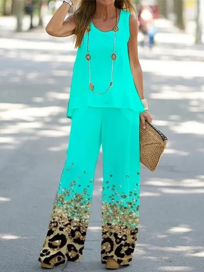 🌸 😍 【S-3XL】Traje casual estampado sin mangas [top + pantalón].