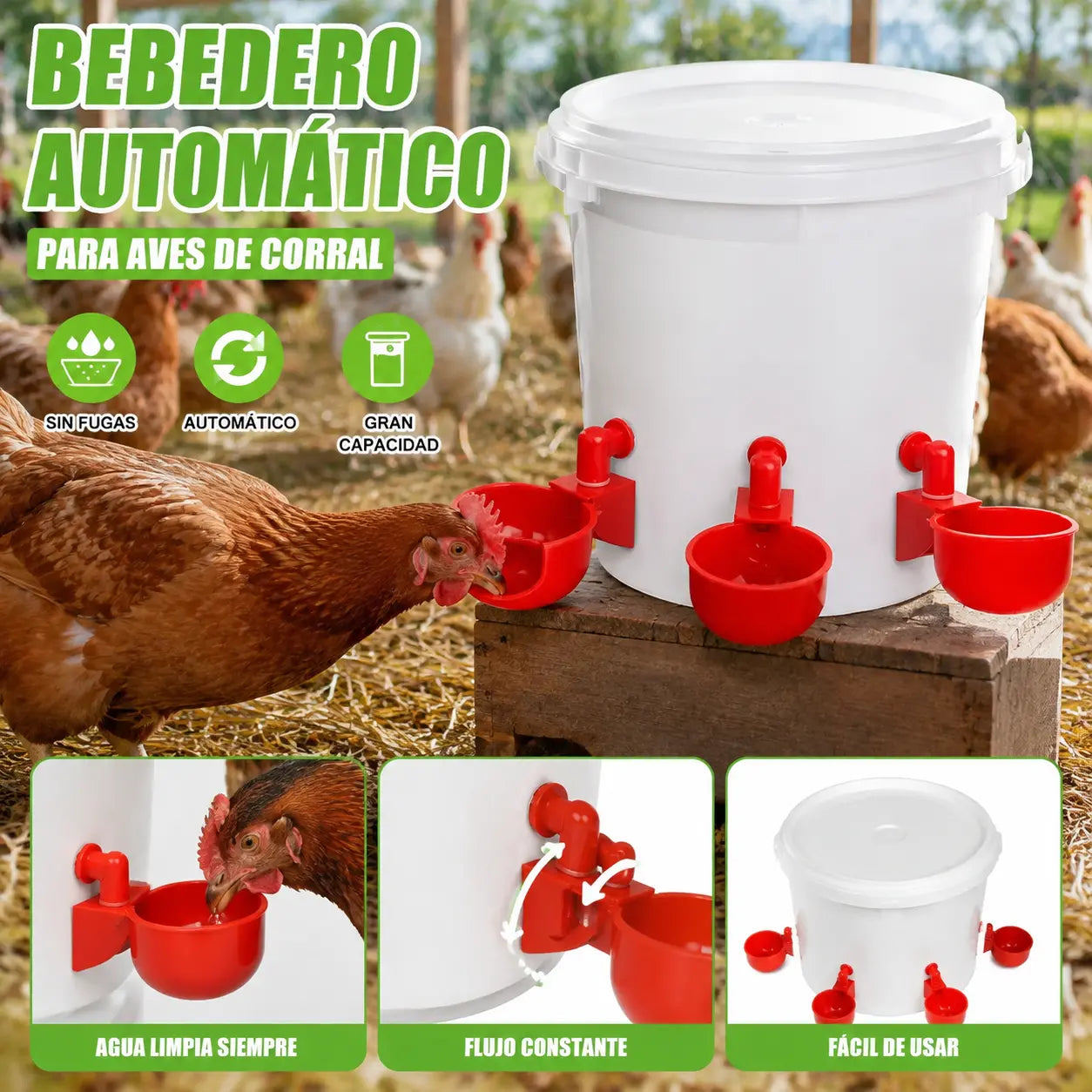 【10 piezas】Bebedero automático de gran capacidad para pollos, a prueba de fugas y desbordamientos, fácil de instalar, que proporciona agua potable limpia.