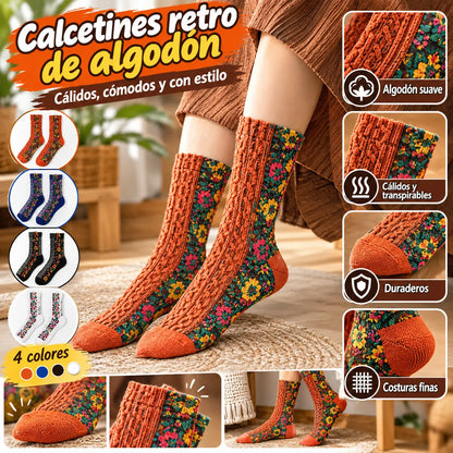 【5 pares】Calcetines largos retorcidos con estampado floral retro de algodón nuevos para otoño e invierno