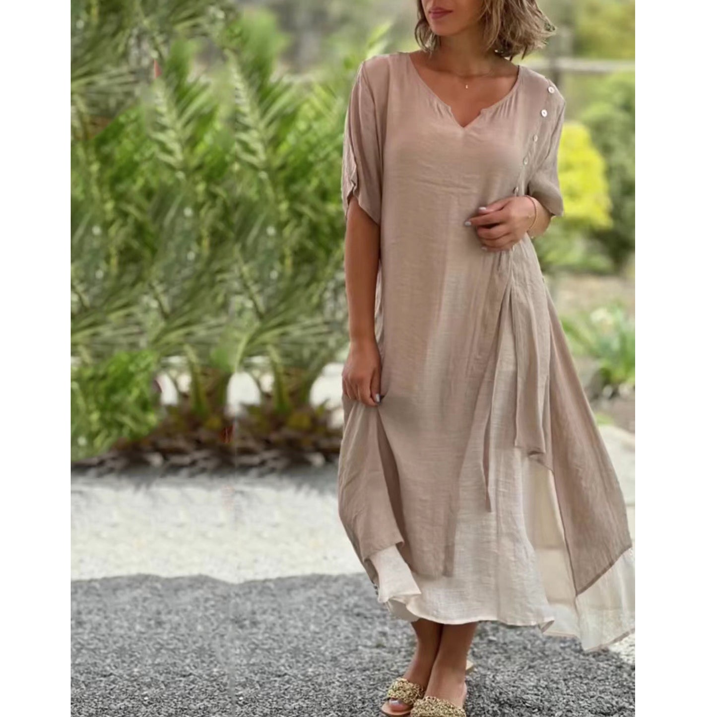 【45-110kg】【S-4XL】 Nuevo vestido asimétrico de dos piezas con escote en V
