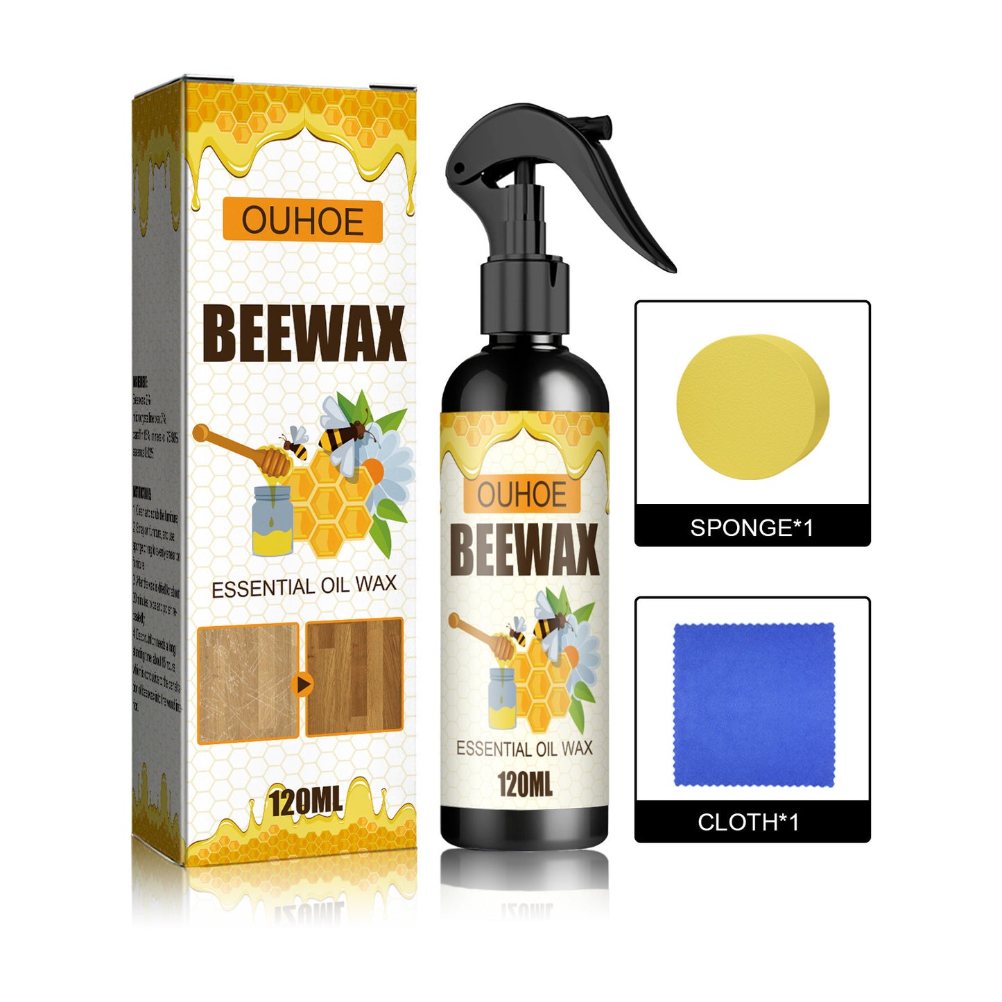 🔥【120 ml + esponja + paño】Spray de cera de abeja natural micromolecular para el cuidado de muebles, mantenimiento y pulido de suelos.