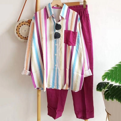 【S-5XL】Nueva conjunto de primavera a rayas, conjunto de dos piezas con mangas largas y pantalones.【Pantalones + Camisa】