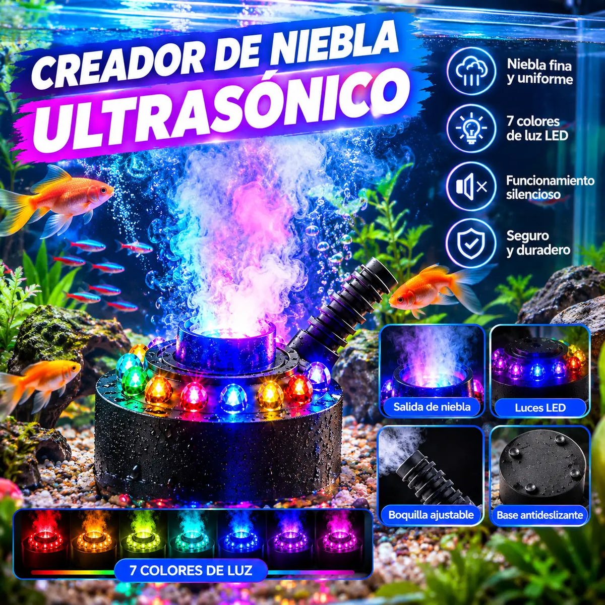 Generador de niebla ultrasónico con 12 luces LED