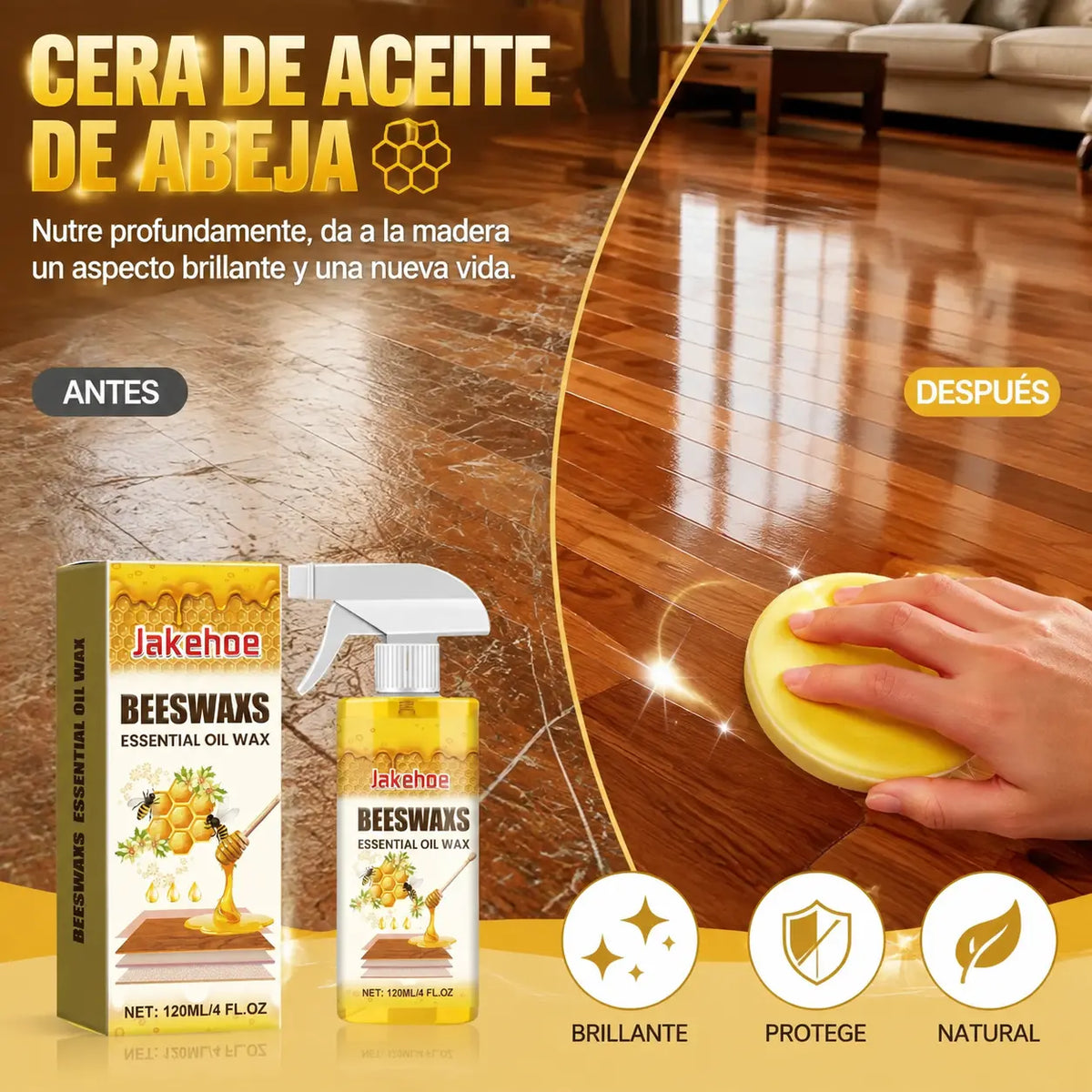 Spray abrillantador de madera con cera de abeja de 120 ml (incluye esponja y toalla) para el cuidado de los muebles, la prevención de grietas y la protección de la pintura.