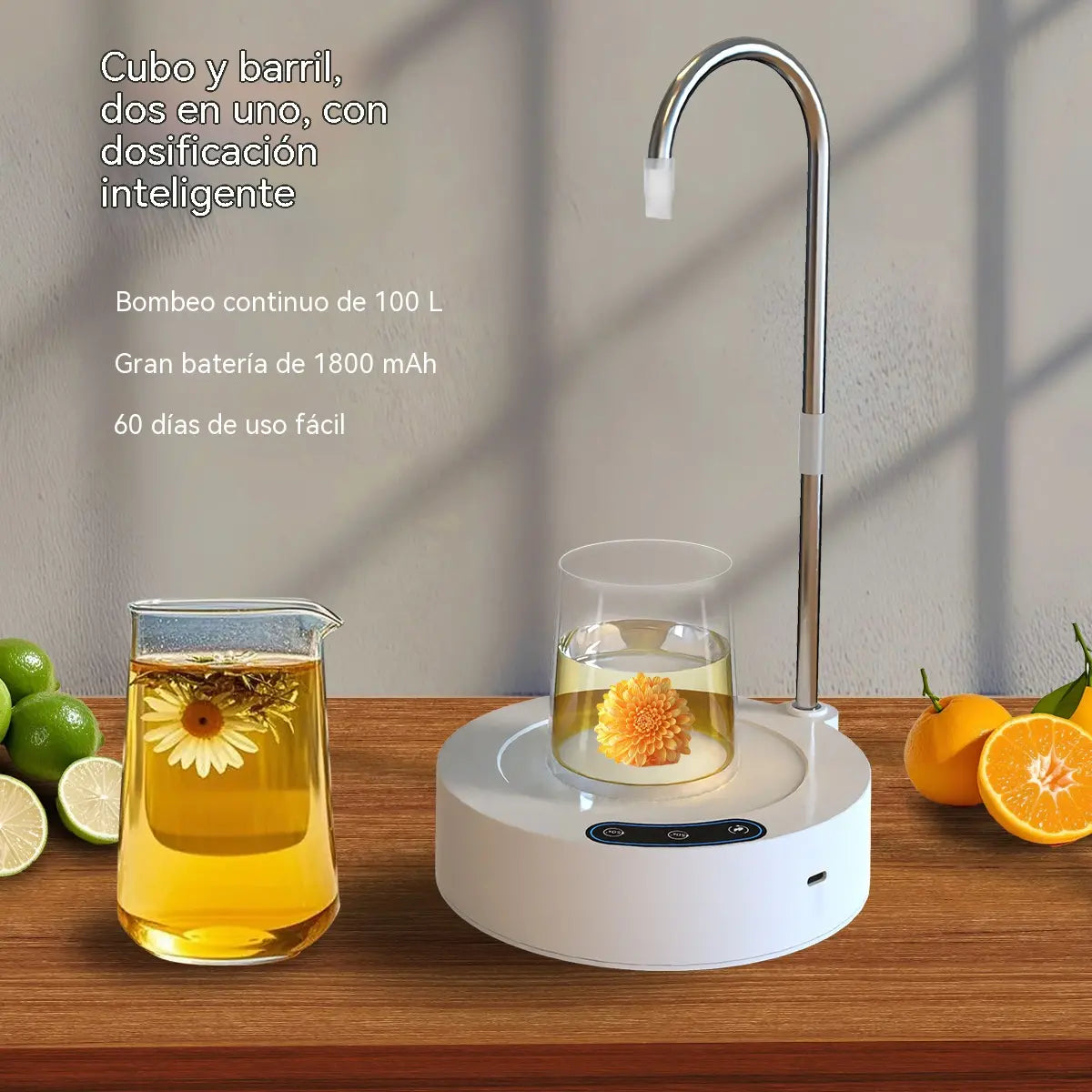 Bomba de agua portátil 2 en 1, apta para cubos de agua, grifo giratorio de 360°, tres velocidades de agua y carga mediante puerto USB tipo C.