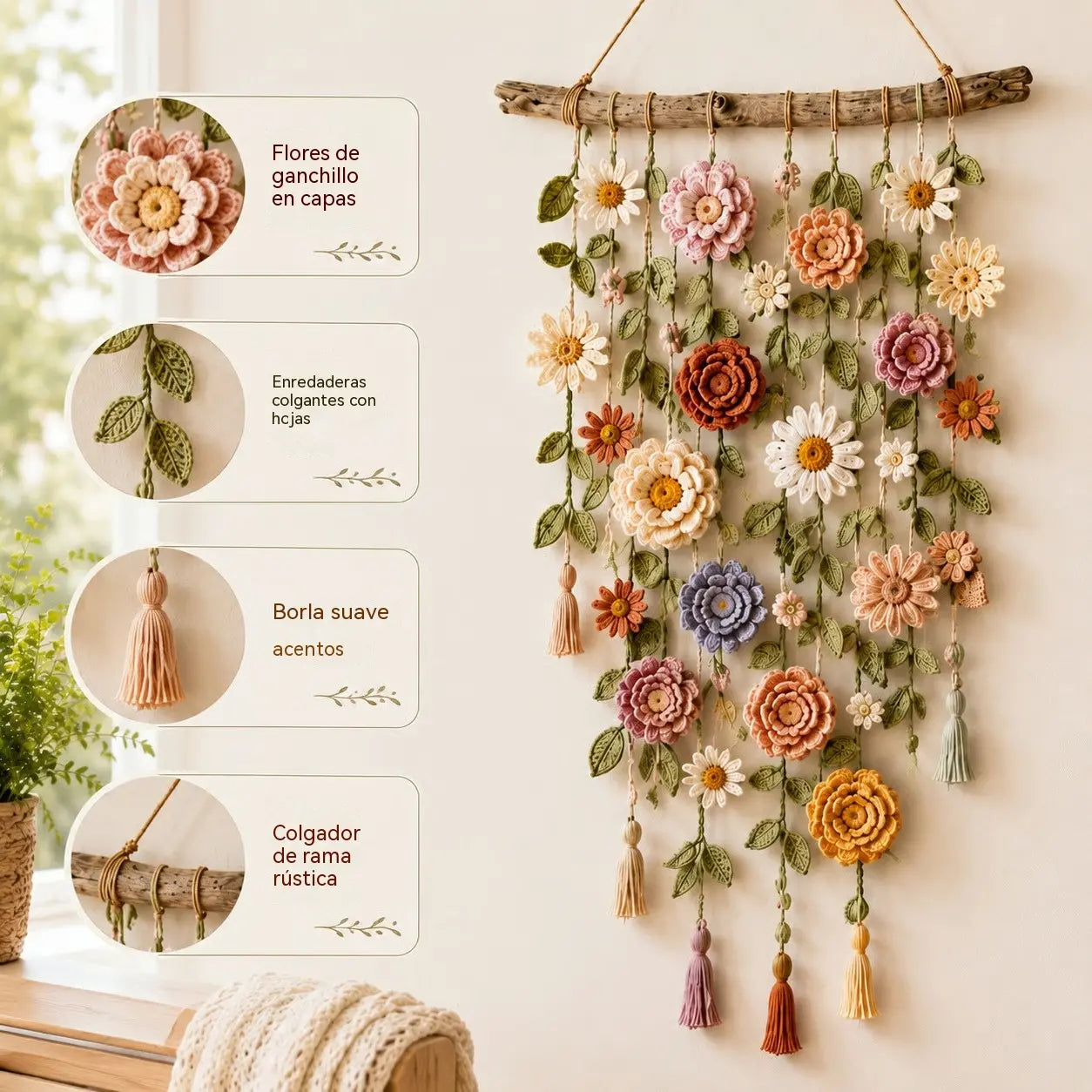 Decoración de pared estilo boho con flores de ganchillo 🌸🌿