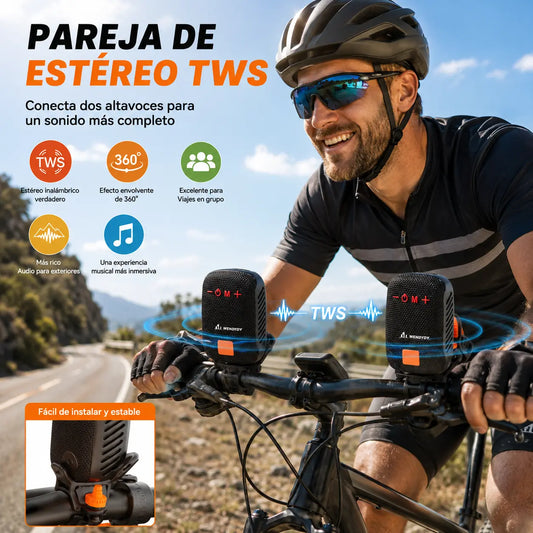 🚴‍♂️🎵 Altavoz Bluetooth impermeable para bicicleta – IPX5, estéreo TWS, llamadas manos libres. Montaje seguro, alcance de 70 m. ¡Pedalea con ritmo! 🔊✨