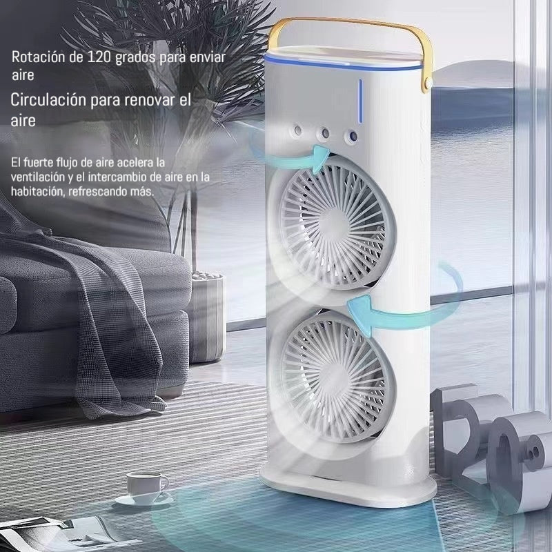 🌬️💦🔥Miniventilador recargable de doble cabezal y tres orificios con control remoto para refrigeración y nebulización.