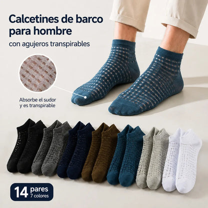 [Compra 7 y llévate 7 gratis] [14 pares] Calcetines tobilleros transpirables de malla calada para hombre - 2 pares de cada color