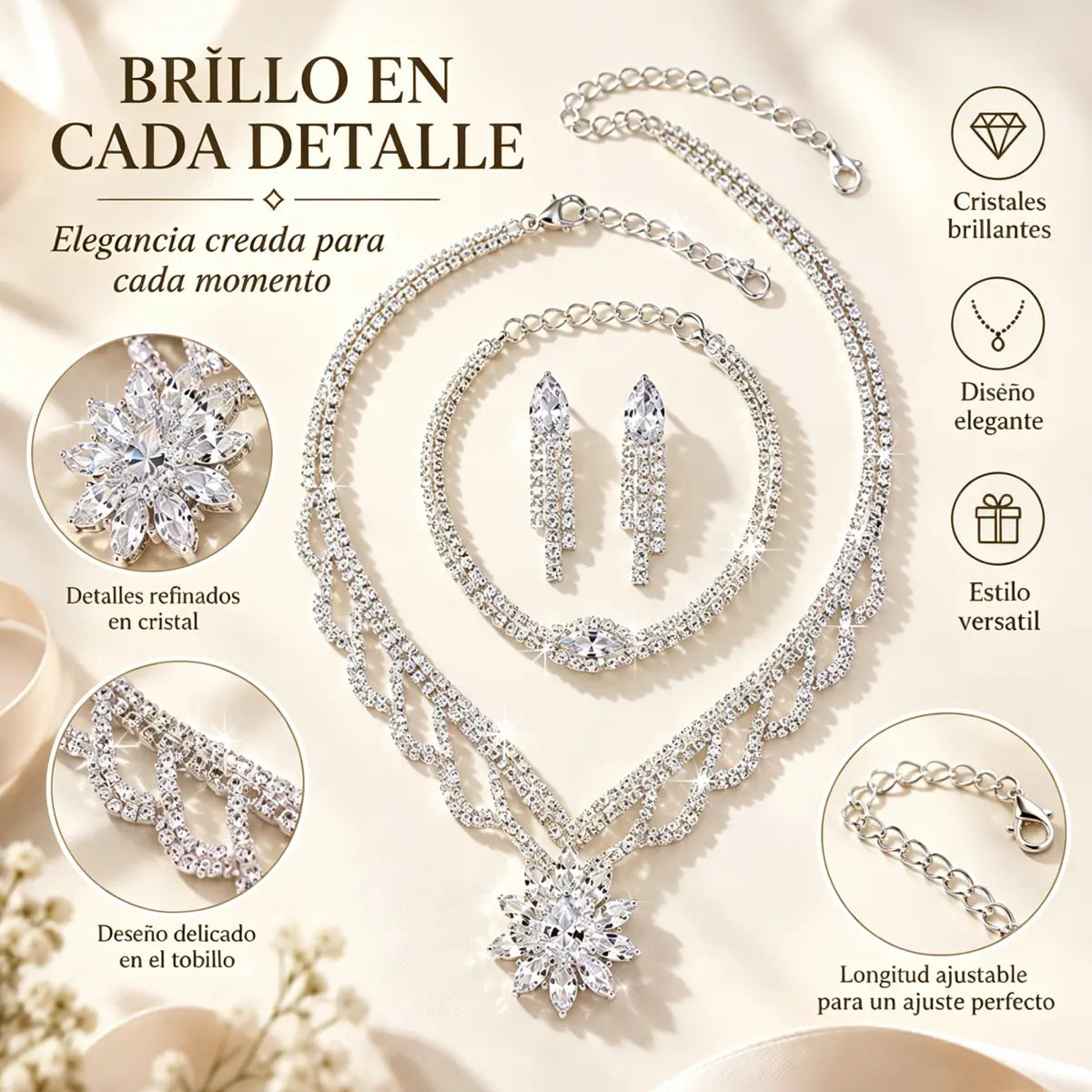 💎✨ Conjunto de Joyas de Lujo para Mujer | Set de Collar, Pendientes y Pulsera con Flor de Loto y Circonitas