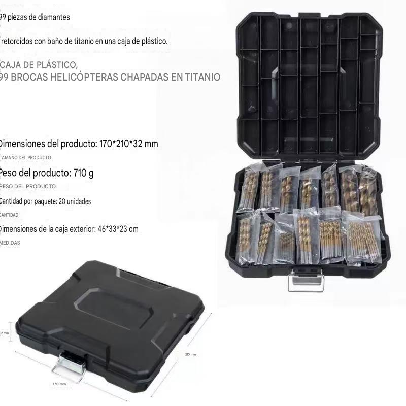🔥 ¡A mitad de precio por tiempo limitado! 🔧 ¡Herramientas de alto rendimiento preferidas por artesanos expertos! Directo de fábrica: Juego de 99 brocas con recubrimiento de titanio.