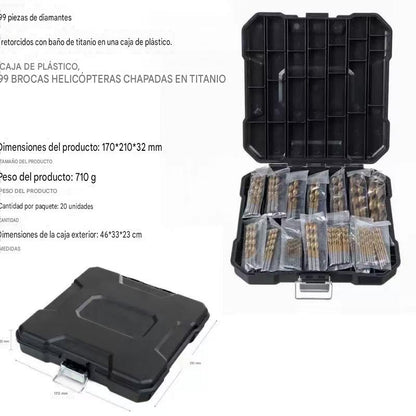 🔥 ¡A mitad de precio por tiempo limitado! 🔧 ¡Herramientas de alto rendimiento preferidas por artesanos expertos! Directo de fábrica: Juego de 99 brocas con recubrimiento de titanio.