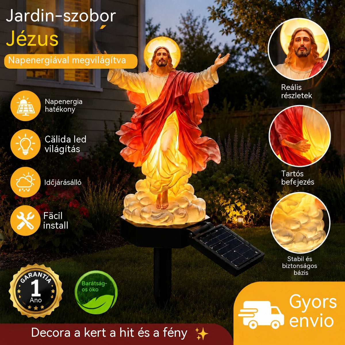 🔥 Napenergiával működő megvilágított Jézus-kerti szobor