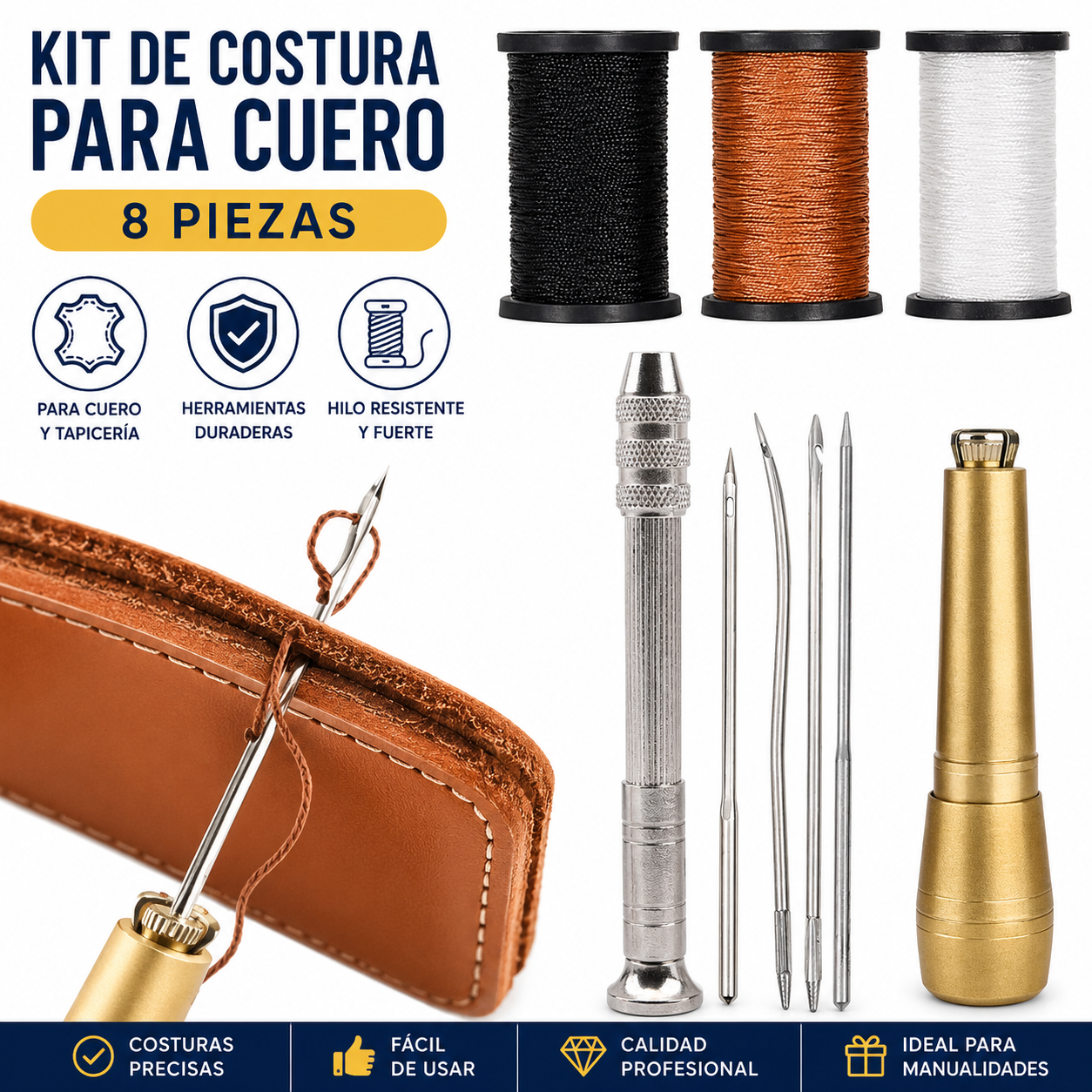 👞 Set de Agujas de Costura Intercambiables 4 en 1 – Kit Profesional para Reparación de Zapatos y Manualidades en Cuero 🛠️✨ Incluye 3 carretes de hilo de nailon de 50 m