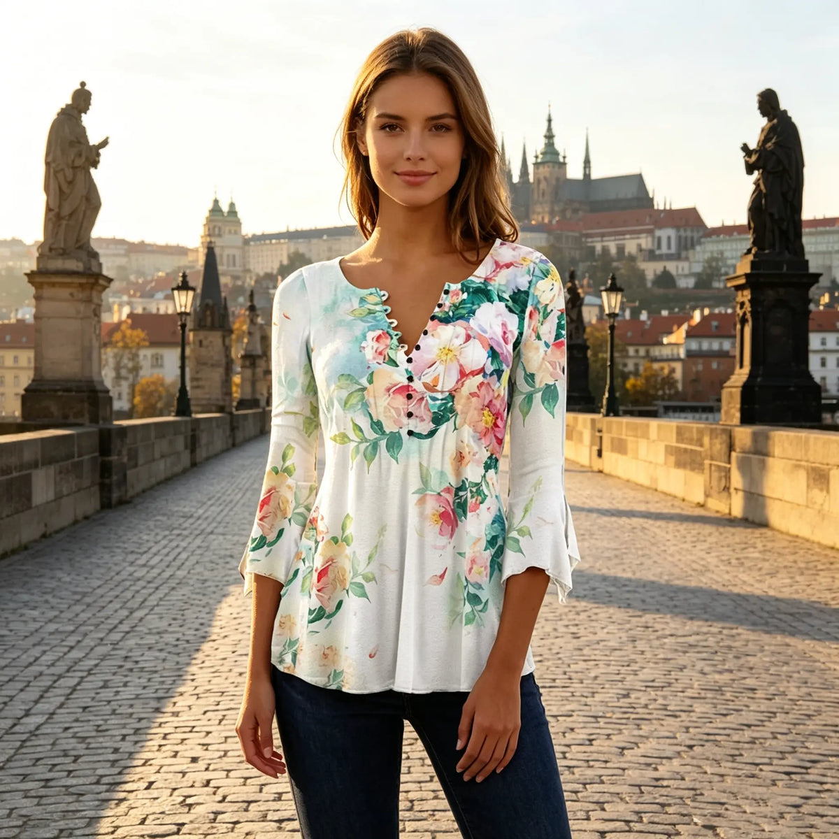 🎉🎁【S-5XL】 2026 nueva camiseta estampada delgada con cuello en V para mujer