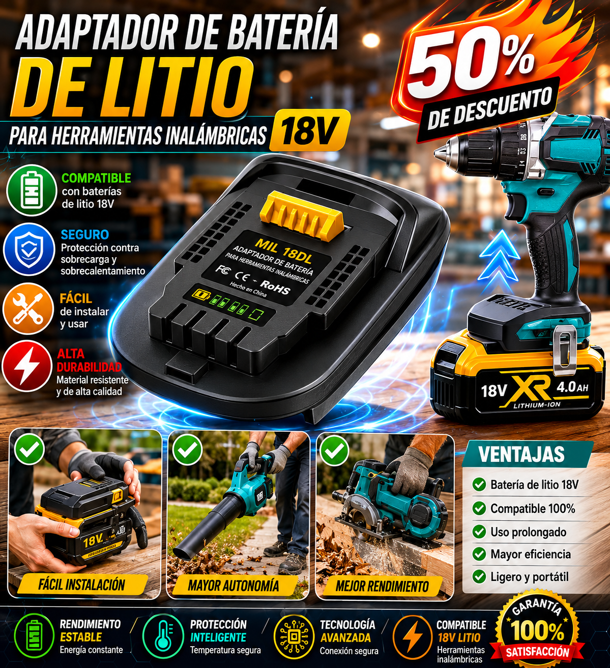 ⚡Adaptador de batería de litio para herramientas de batería de 18 V
