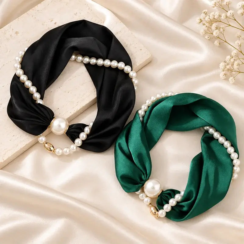 🎀✨ Collar de Perlas con Cinta de Satén para Mujer | Pañuelo Vintage Francés para Cuello, Pelo y Escote