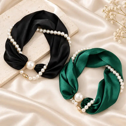 🎀✨ Collar de Perlas con Cinta de Satén para Mujer | Pañuelo Vintage Francés para Cuello, Pelo y Escote