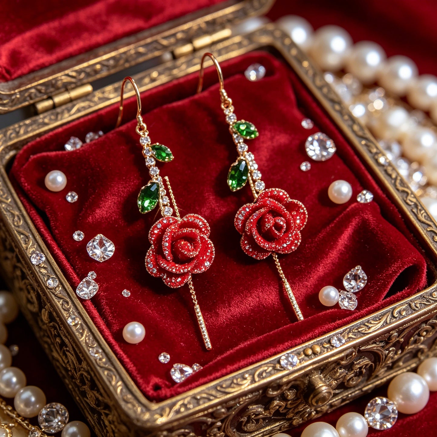 🌟【2 pares】🌹Pendientes de rosa roja con tallo de cristal